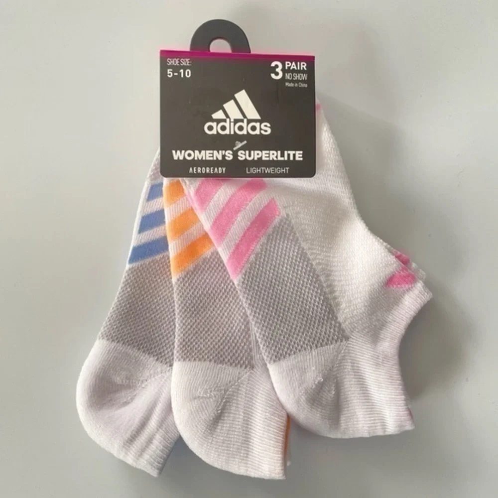 Adidas women’s no show socks 3 pack size 5-10 white gray pink orange blue